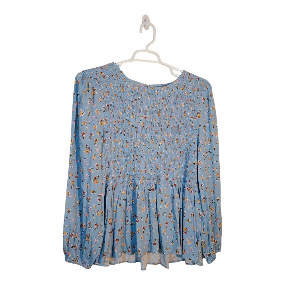 Shop The Mint Women's L Light Blue Tiny Flowers Crinkled Smocked Pendulum Top